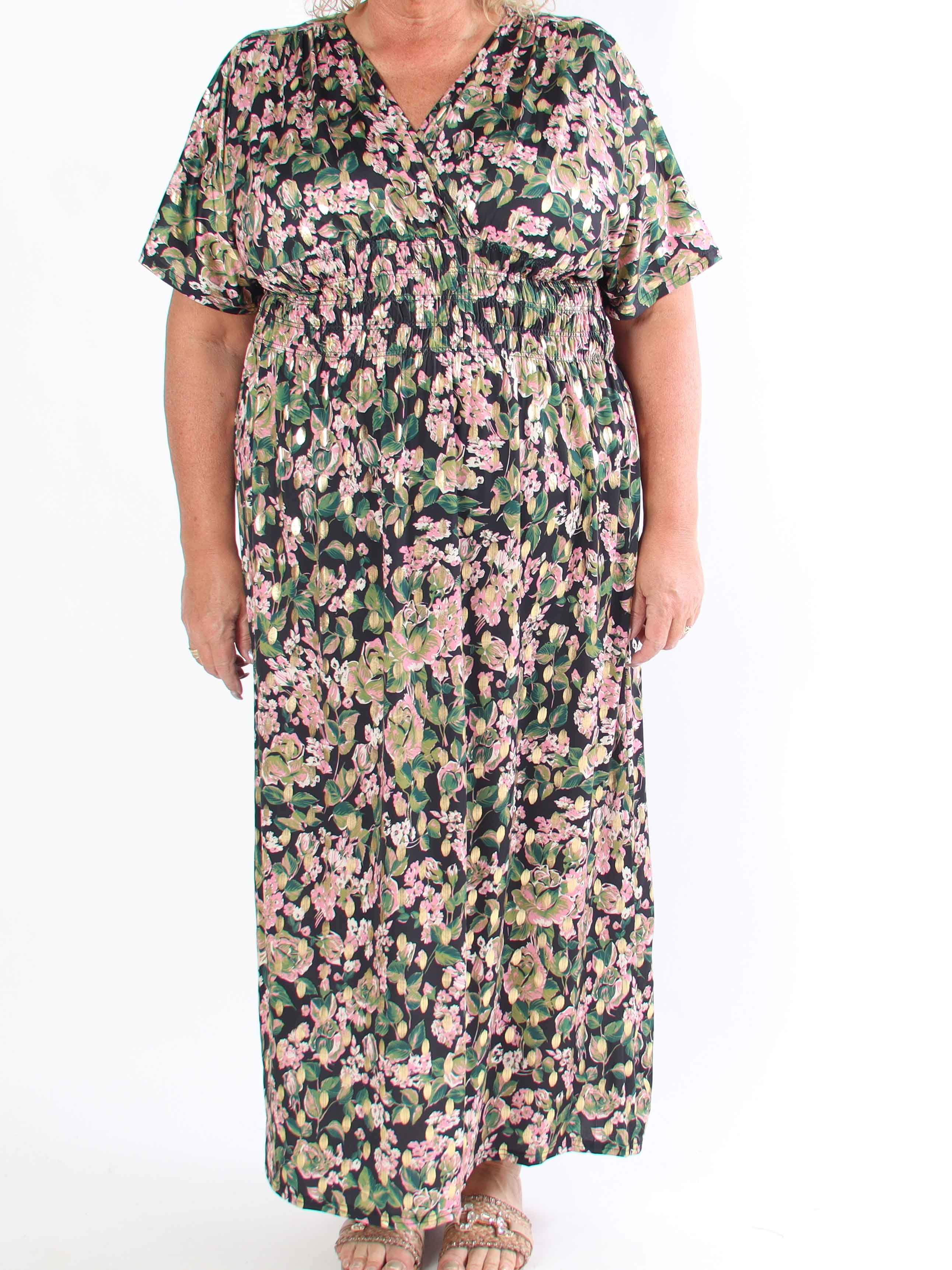 Pams Small Rose - Plus size kjole med blomsterprint og guld detaljer